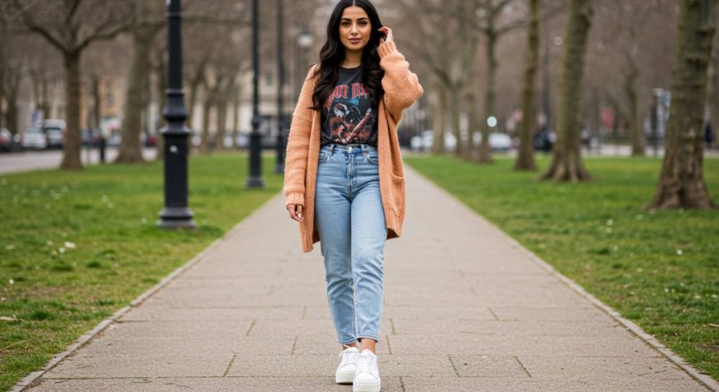 الكارديجان-الواسع-والتي-شيرت-المطبوع-1024x559 إطلالات الصبايا الذكية للطقس المتقلب