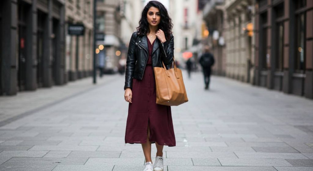 جاكيت-الجلد-والفستان-الميدي-1024x559 إطلالات الصبايا الذكية للطقس المتقلب