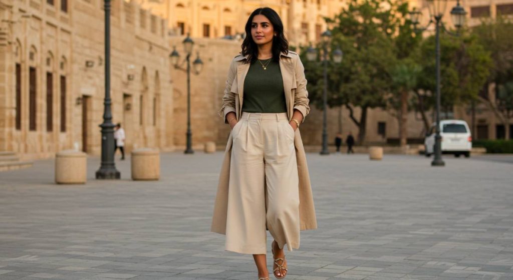 معطف-الترنش-وبنطال-الكولوت-1024x559 إطلالات الصبايا الذكية للطقس المتقلب